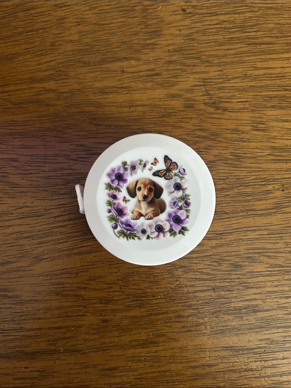 White Measuring Tape with Puppy and Purple Floral Design